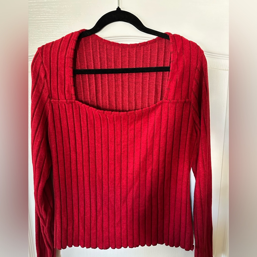 Ribbed Scoop Neck Red Long Sleeve Top
